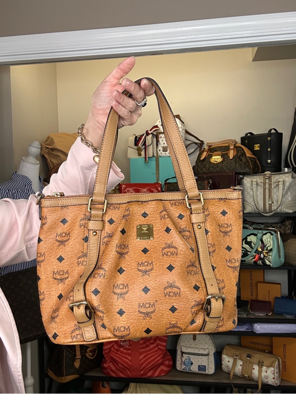 MCM Cognac Visetos Logo Buckle Tote with Gold Plate - Picture 4 of 14